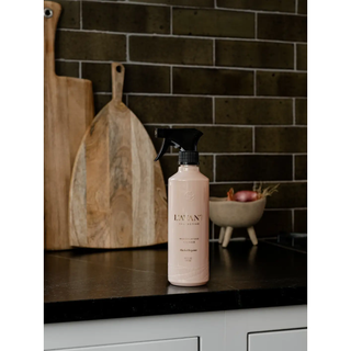 Multipurpose cleaner spray bottle in blush pink with black trigger, Blushed Bergamot scent