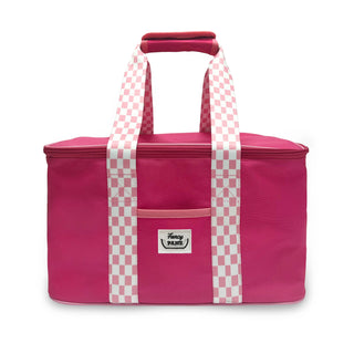 Insulated travel bag in bright pink with white-pink checkered handles and a front pocket.