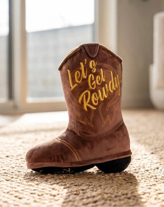 Cowboy boot dog toy, brown with squeaker and plush suede