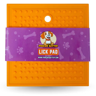 Square silicone lick pad for dogs, orange, durable dog treat accessory
