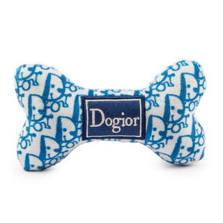 Dogior bone toy, blue and white bone-pattern plush with a dark blue label