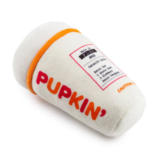 Pupkin's Donuts Hot Coffee plush dog toy, donut-shaped, white with orange trim