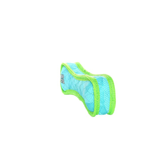 Bone-shaped dog toy, blue with lime-green trim, textured fabric