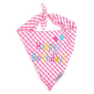 Happy Birthday Bandana, pink gingham dog bandana with colorful embroidery and balloons, traditional square tie-on