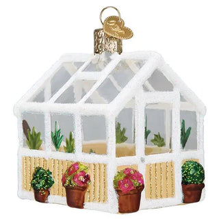 Greenhouse ornament, white glitter frame with potted plants and a gold top hook