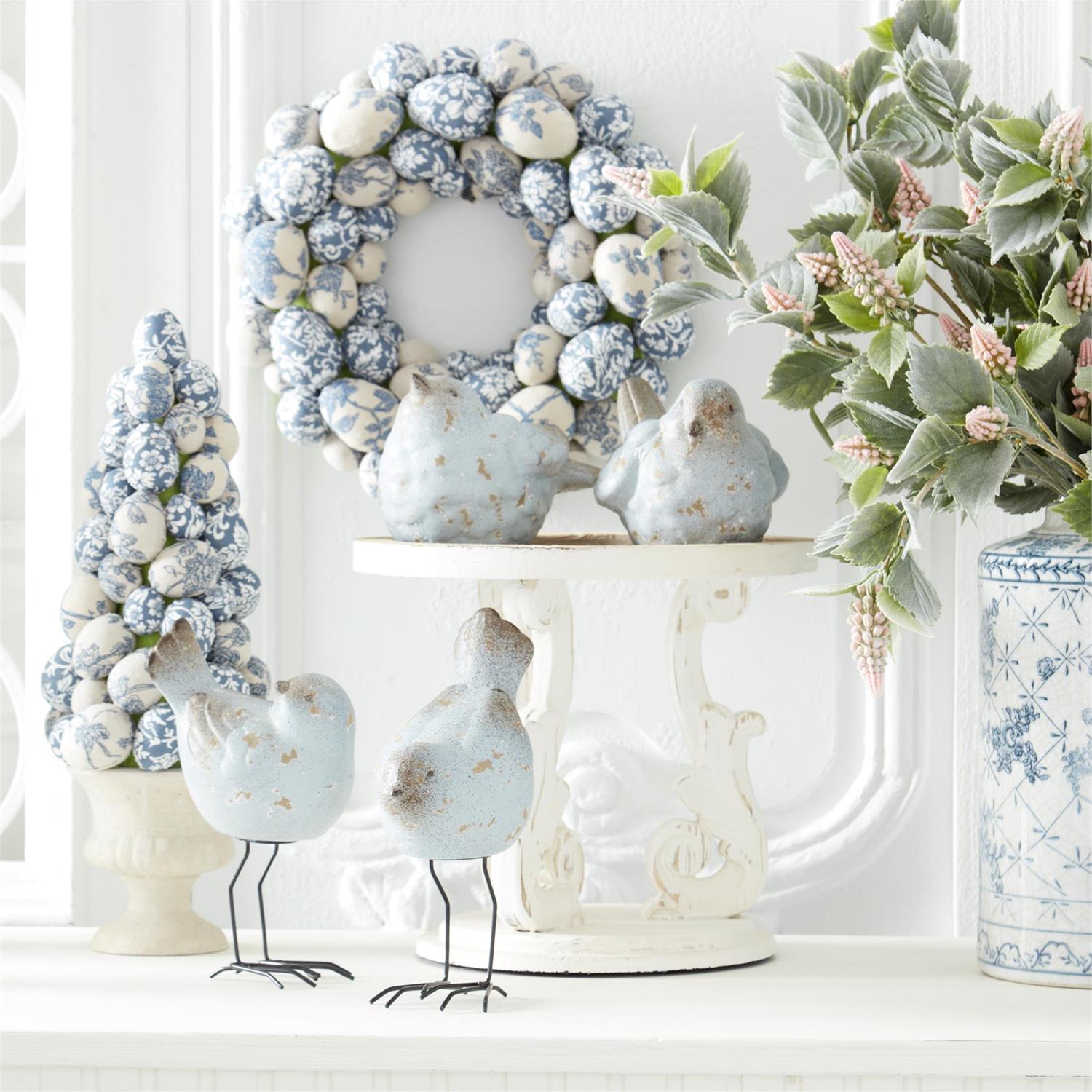 Blue and White Floral Fabric Egg Topiary  K&K   