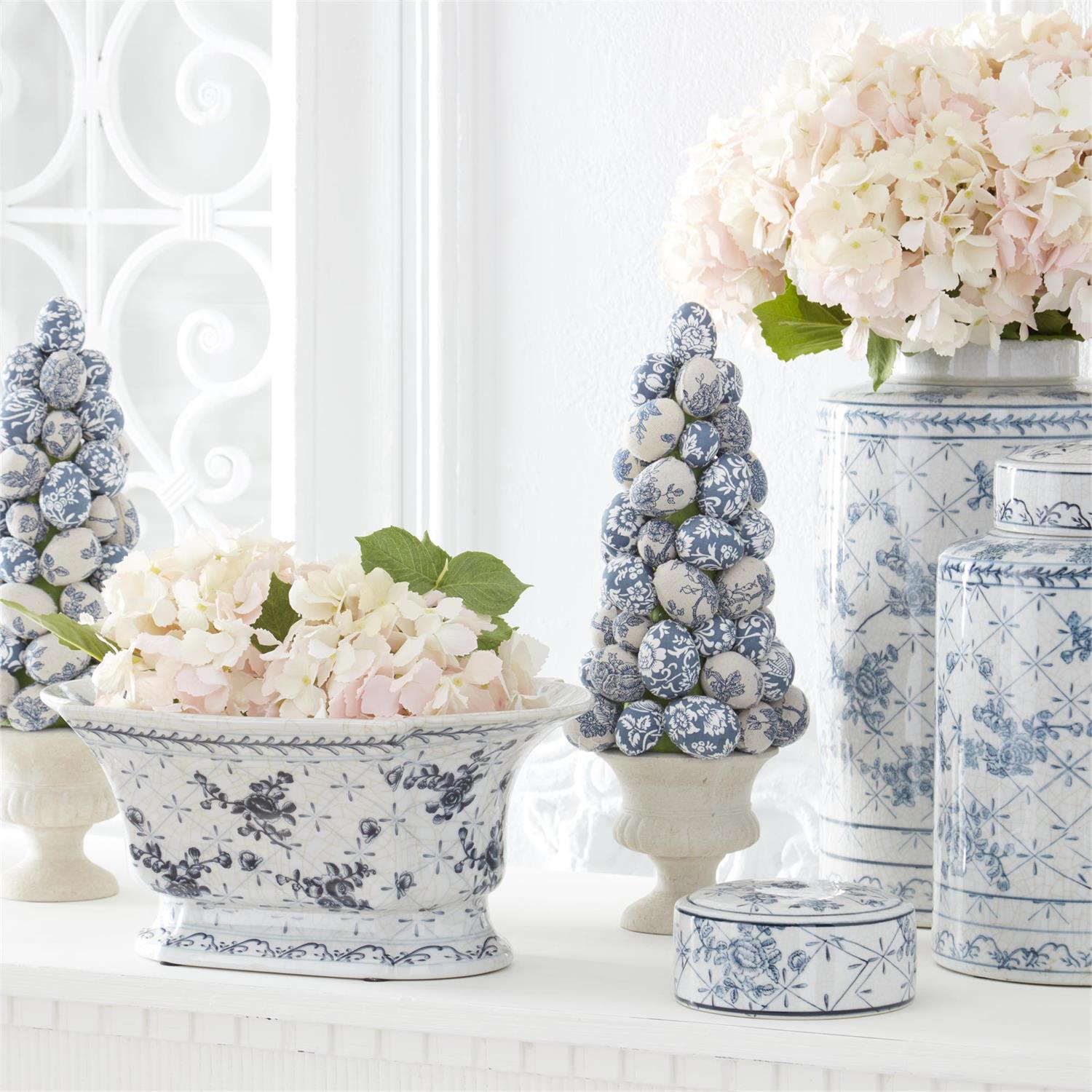 Blue and White Floral Fabric Egg Topiary  K&K   