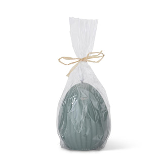 Accordion LED Egg Candle with Timer, teal, wrapped in a clear bag with raffia bow.