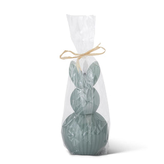 Accordion LED Bunny Candle with Timer, teal ribbed candle in clear bag tied with raffia
