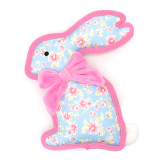 Honey Bunny dog toy, bunny-shaped, blue floral fabric with pink trim and bow