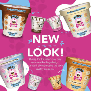 Puppy Scoops ice cream mix for dogs; assorted flavor tubs and cups on a pink background (6 items)