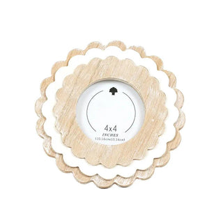 Wood round scallop photo frame set in natural/white for 4x4 photos; four nested frames.