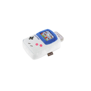 Game Bone plush dog toy by P.L.A.Y., white with blue trim and retro 90s handheld game screen motif.