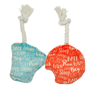 Mini dog toy set with two bone-shaped plush toys in blue and orange with rope handles