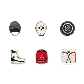 Six-piece wooden hockey shapes set including skate, helmet, goalie mask, puck, jersey, and net
