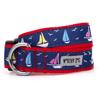 Sailboats collar on navy blue webbing with red edges and sailboat print