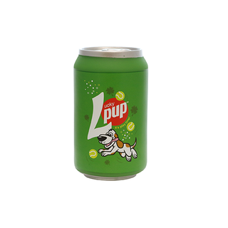 Silly Squeaker Soda Can Lucky Pup dog toy, green with Lucky Pup logo and squeaker