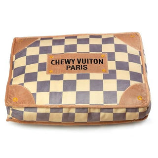 Checker Chewy Vuiton Paris dog bed, cream and navy checker fabric with brown corner accents, washable