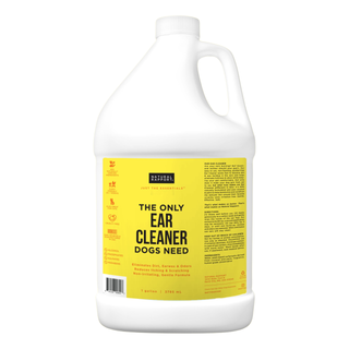 The Only Ear Cleaner Dogs Need in a white gallon bottle with a yellow label