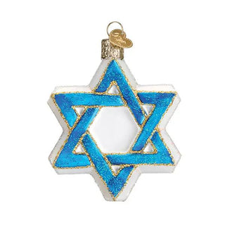 Star of David ornament with blue glitter enamel, white edges and gold trim