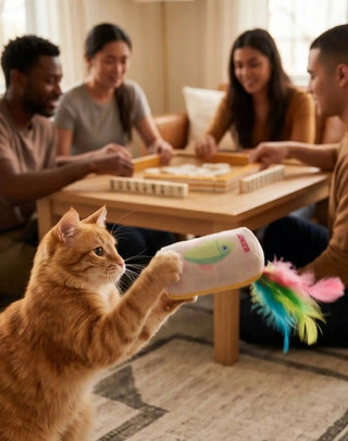 Meowjong tiles catnip toy with feathers; white cylindrical toy with feathers, orange cat taps it as friends play mahjong