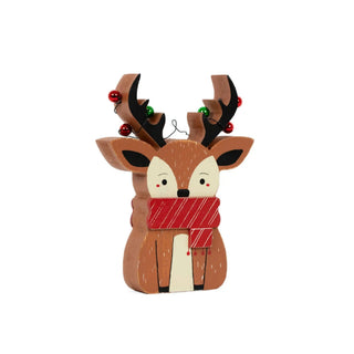 Chunky wooden reindeer Christmas decor figure with antlers and red bead accents, natural brown with red scarf