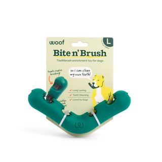 The Bite n' Brush dog toothbrush enrichment toy with teal chew pieces on beige packaging