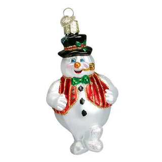 Mr. Frosty Ornament snowman with red vest and green bow tie, hanging loop