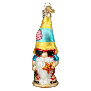 Seaside Gnome Ornament with striped yellow-blue hat, red sunglasses, holding a starfish.