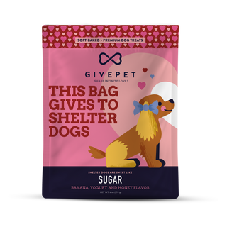 Sugar Soft-Baked Dog Treat bag in pink and purple packaging with a cartoon dog; banana, yogurt and honey flavor