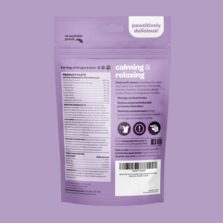 Calming & Relaxing Dog Chews in a purple resealable pouch for anxiety and stress relief