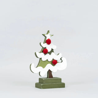5x7x2 wood Christmas tree cutout ornament on a stand, green with white snow and red pom-poms