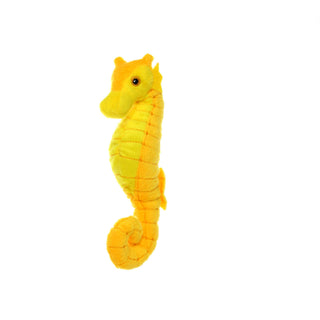 Seahorse plush dog toy, yellow with orange stitching, squeaker, curled tail.