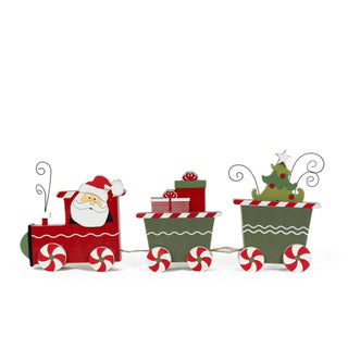 3-car wooden Christmas train decor, Santa engine plus gift-wrapped wagons, red and green cars with candy-cane wheels.