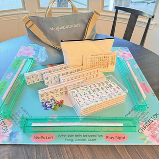 Mahjong tile set, Rose Dragon American Mahjong Tiles, 166 tiles with teal acrylic racks and blue bag