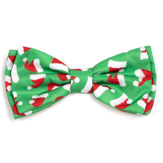 Santa Hats Bow Tie for dogs, green satin fabric with red and white Santa hat pattern