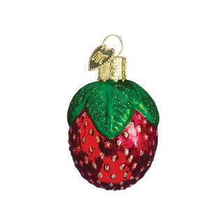 Sparkling strawberry ornament with green leaves, red glitter berry, metallic gold cap.