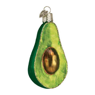 Avocado ornament, glass green with gold seed, silver cap and hanging loop