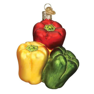 Bell peppers ornament, red, yellow and green multicolor glass with glitter seams and a metal cap