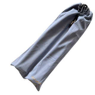 Mahjong rack storage bag, gray fabric with drawstring top, fits 17.5–20 inch racks, lightweight, portable.