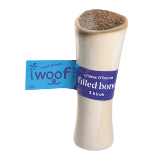 Beef shin bone dog chew, bacon & cheese filled, 5-6 inch