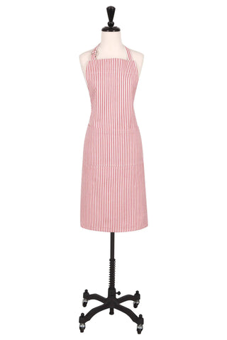 Chef's apron, adjustable, red and white striped, on mannequin
