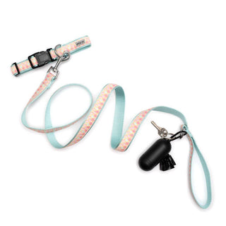 Mermaid collar with matching pastel leash, teal edges, and a bag dispenser