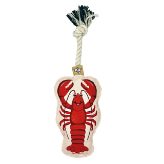 Lobster rope dog toy; red lobster graphic on beige fabric with a knotted natural rope tail