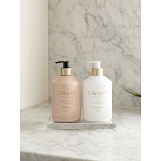Dish soap and hand soap duo in gold-capped bottles with Blushed Bergamot.