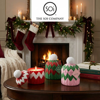 Peppermint Lane 10oz Hand Painted Beanie Holiday Candle, red, green and pink knitted beanie candles with pom-pom tops.