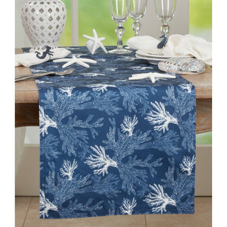 Sea Coral Runner, blue table runner with white coral reef pattern