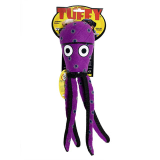 Purple ocean squid dog toy with long legs, blue spots, large eyes; squeaky and durable plush.