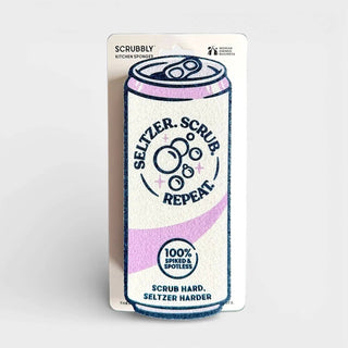 Seltzer Scrubbly Purple kitchen sponge packaging with bubbly can design.