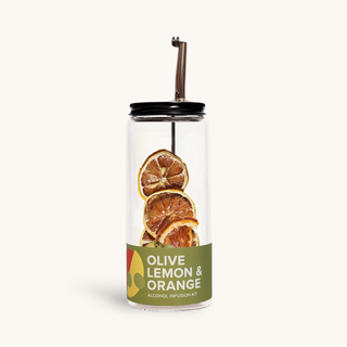 Olive, Lemon & Orange Cocktail Infusion Kit in a clear glass jar with a black lid and built-in pour spout